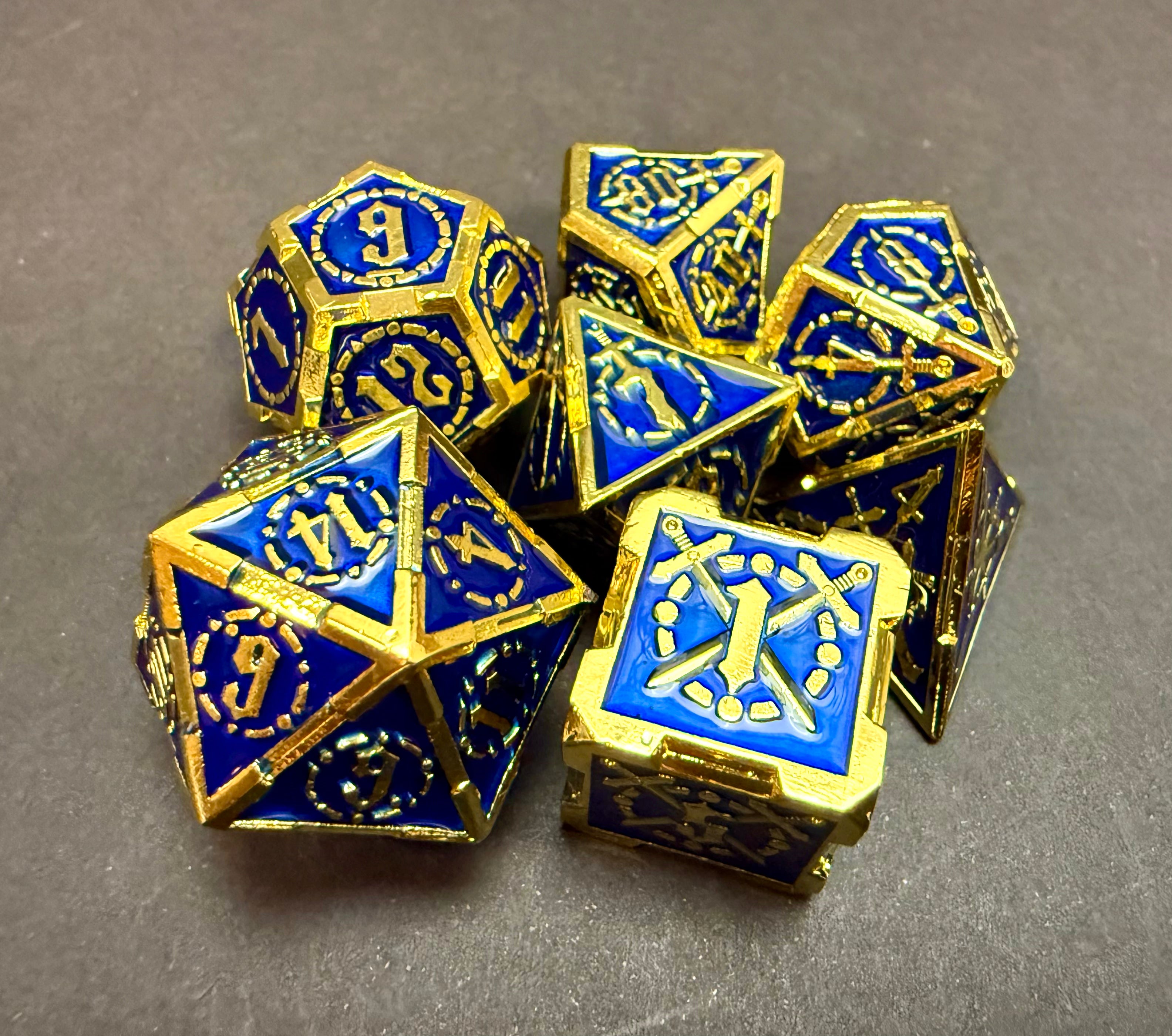 Blue & Gold Double Sword Solid Metal Dice Set 7PCS