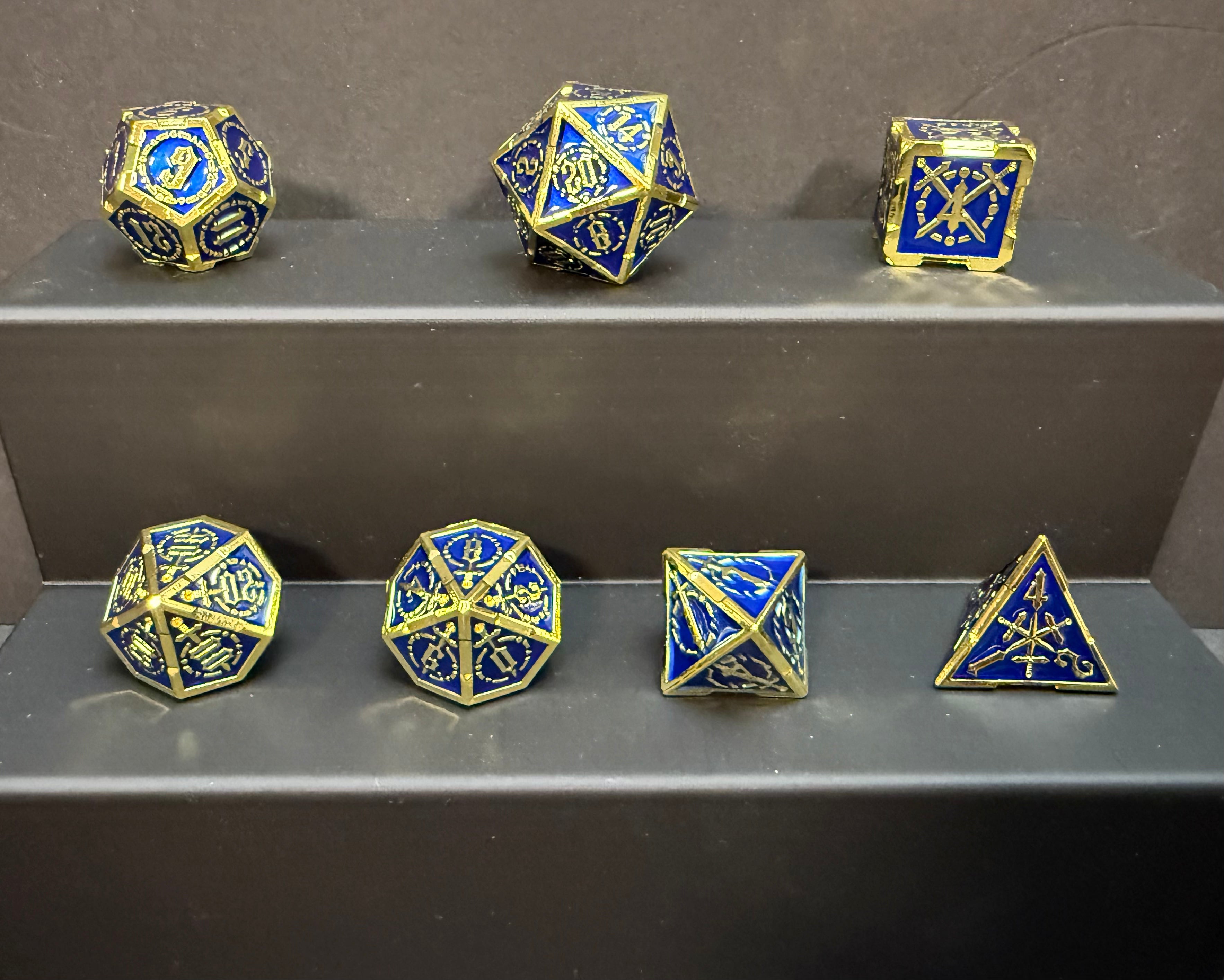 Blue & Gold Double Sword Solid Metal Dice Set 7PCS
