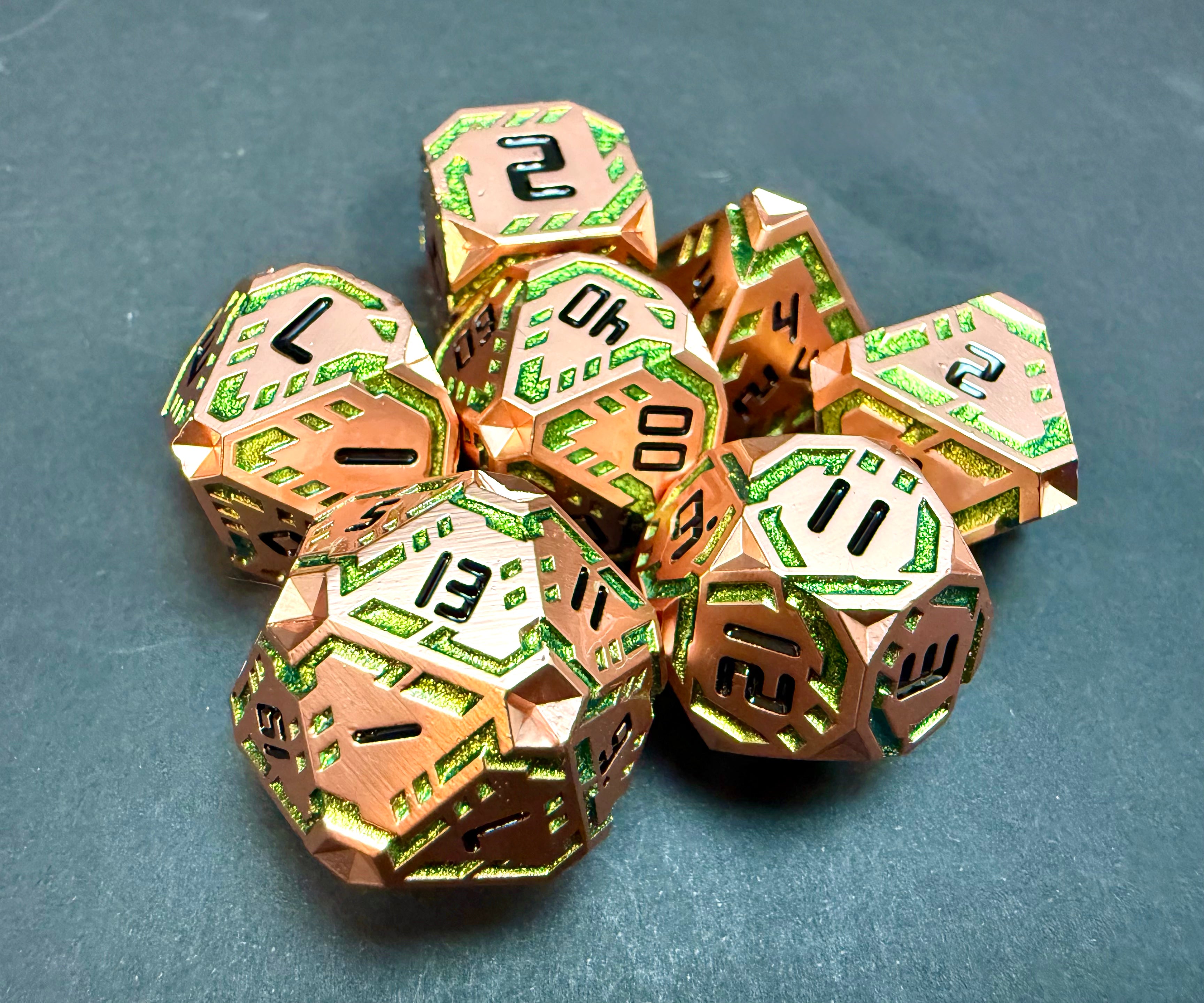 Copper & Green Solid Metal Line Dice Set 7PCS