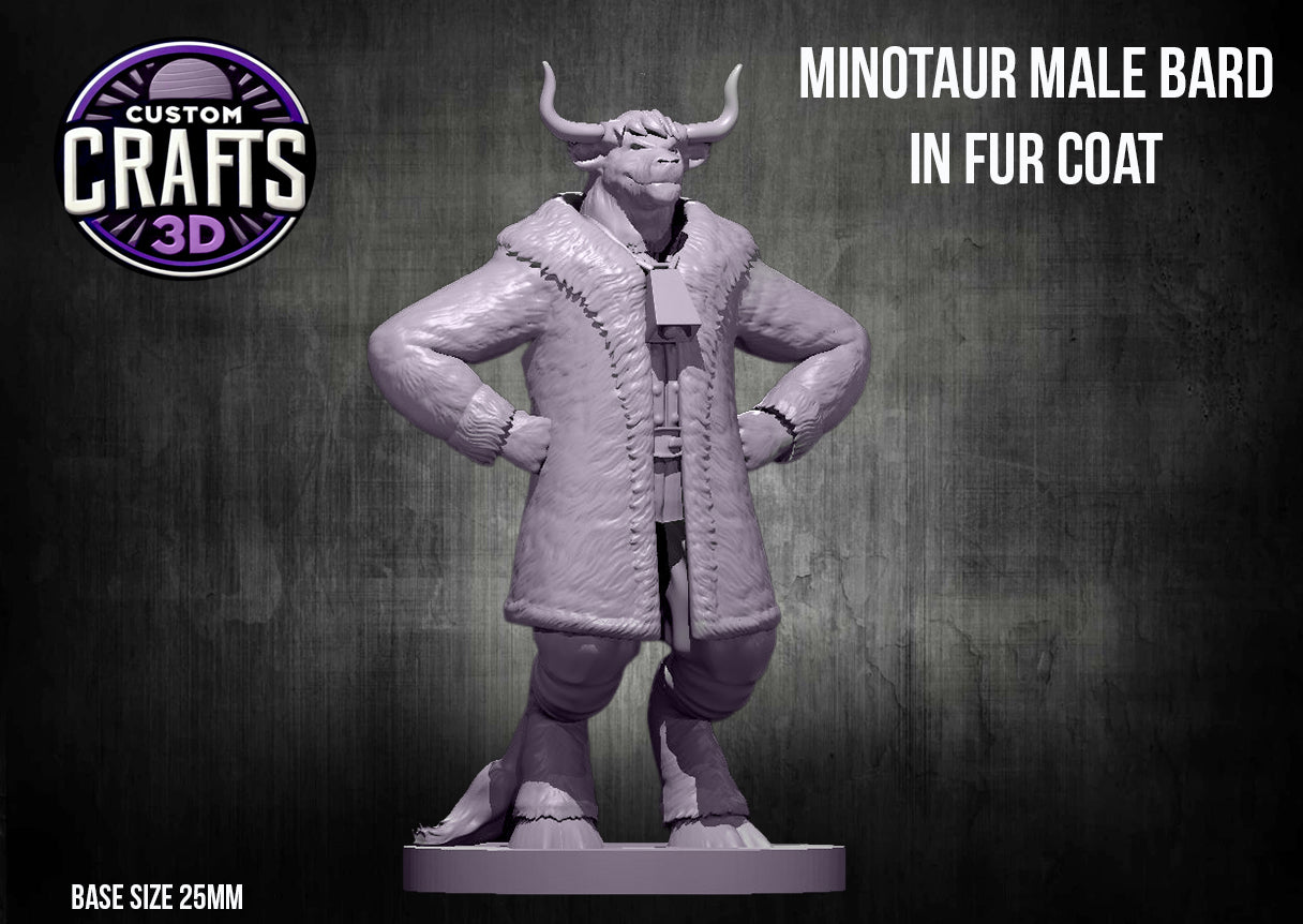Minotaur Male Bard in Fur Coat 25mm Base